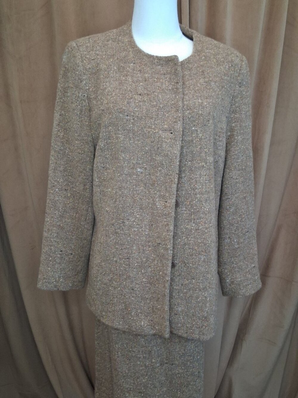 Sarah Vintage Brown Tweed Button Suit Set Size L/XL